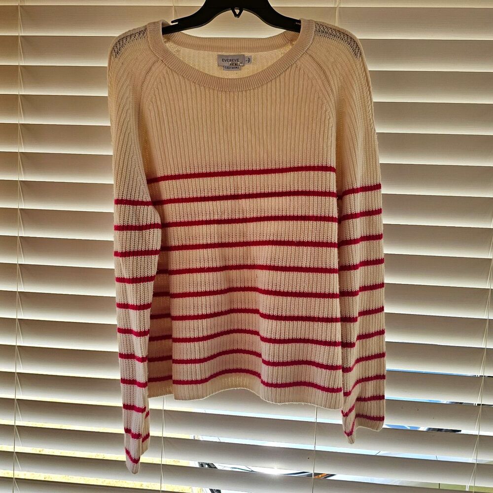 Evereve Cashmere Striped Rib-Knit Crewneck Pullover Sweater Womens Size L